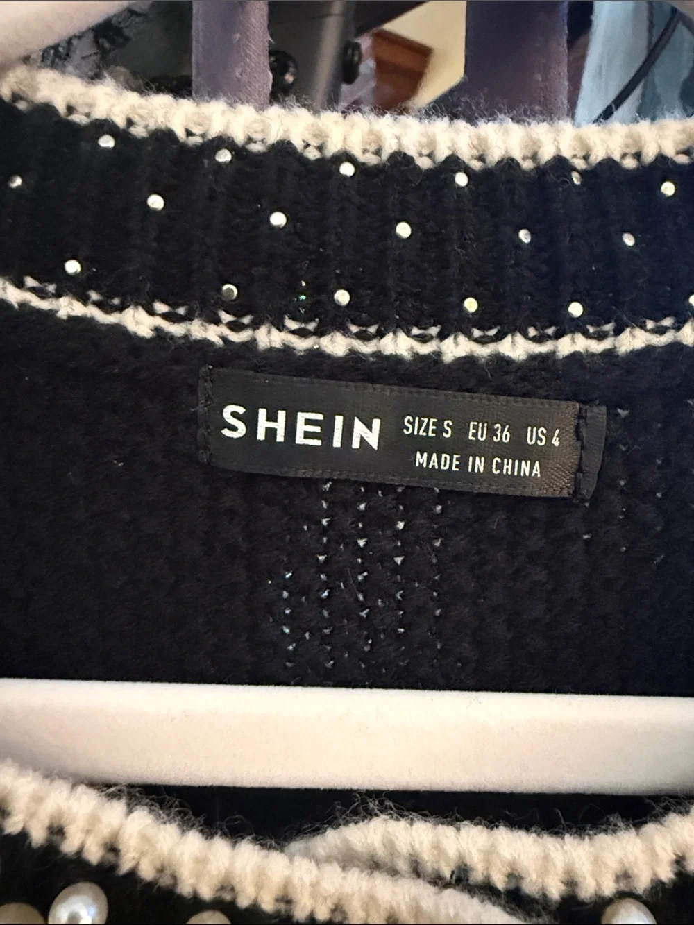 SHEIN Black Cardigan with Pearl-Trim and White Piping